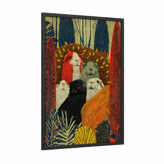 Forest Guinea Pig Family framed art print — black wood frame — teal and gold palette