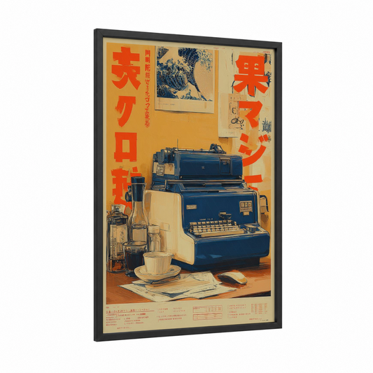 Typewriter Workshop framed vintage japanese ads print — black wood frame — orange and blue palette