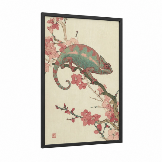 Blossom Chameleon framed art print — black wood frame — light green and salmon pink palette