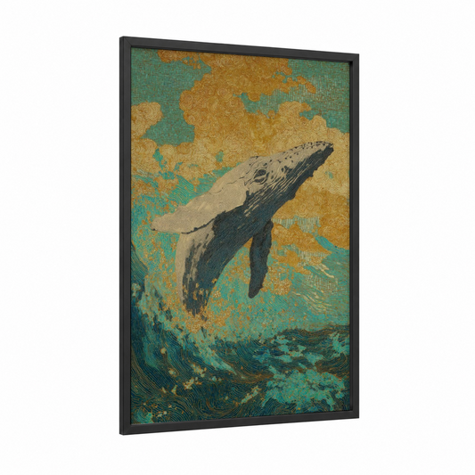 Breaching Gray Whale framed art print — black wood frame — teal and gold palette