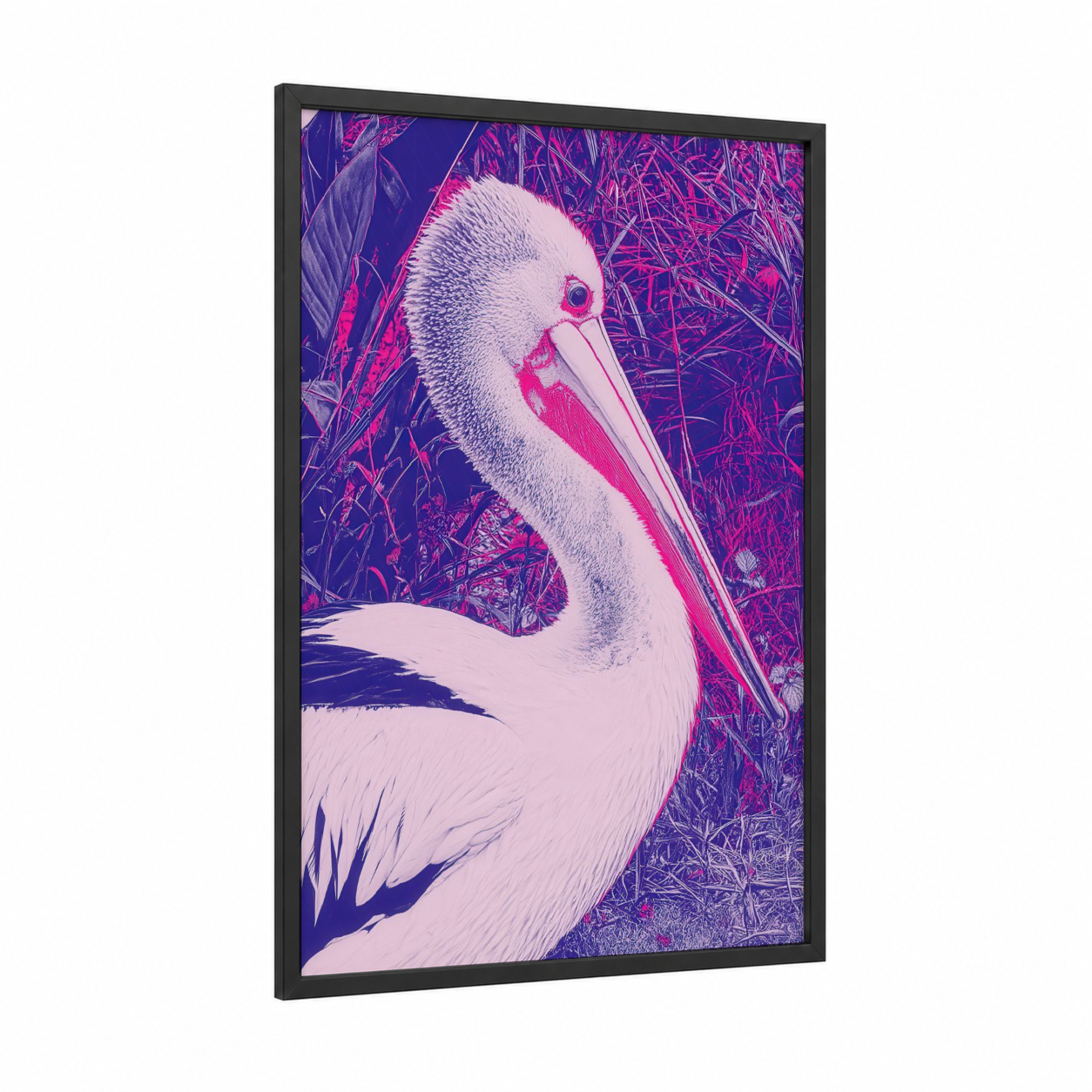 Neon Pelican framed art print — black wood frame — magenta and purple palette