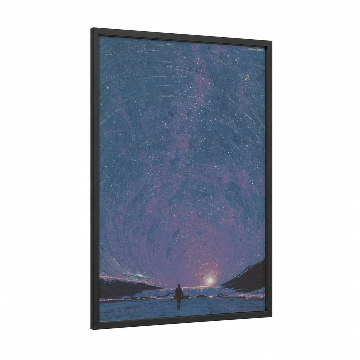 Luminous Tunnel framed art print — black wood frame — blue and magenta palette