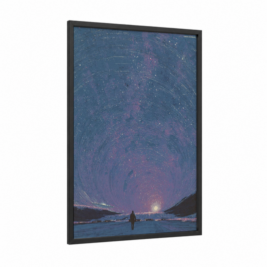 Luminous Tunnel framed art print — black wood frame — blue and magenta palette