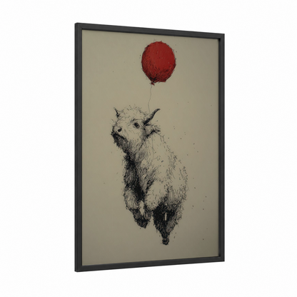 Whimsical Yak framed art print — black wood frame — black and white and red palette