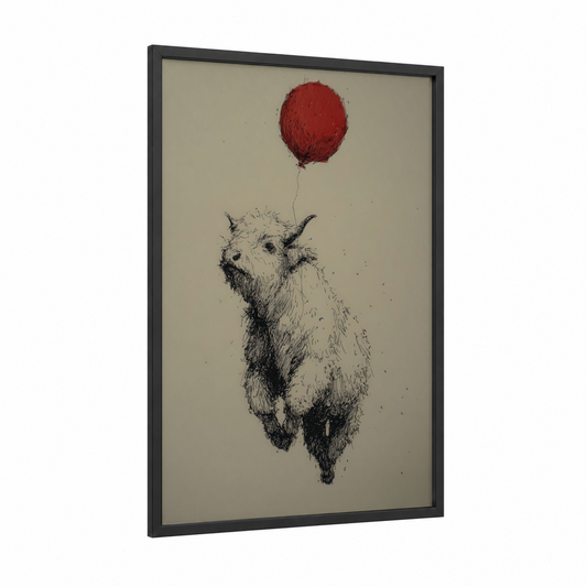 Whimsical Yak framed art print — black wood frame — black and white and red palette