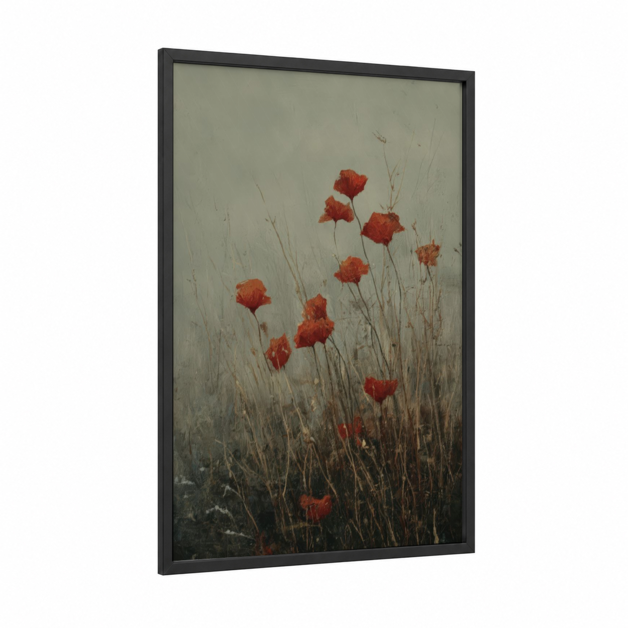 Misty Poppies framed art print — black wood frame — red and gray palette