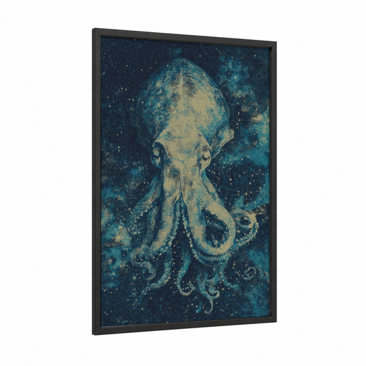 Cosmic Squid framed art print — black wood frame — blue and gold palette