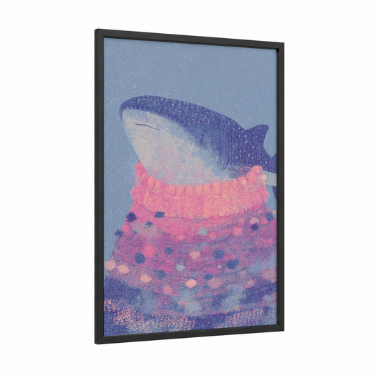 Pink Whale Shark framed art print — black wood frame — blue and pink palette