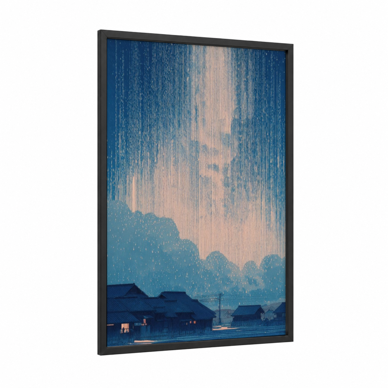 Pentecost Rain framed art print — black wood frame — dark blue and cream palette