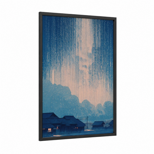 Pentecost Rain framed art print — black wood frame — dark blue and cream palette