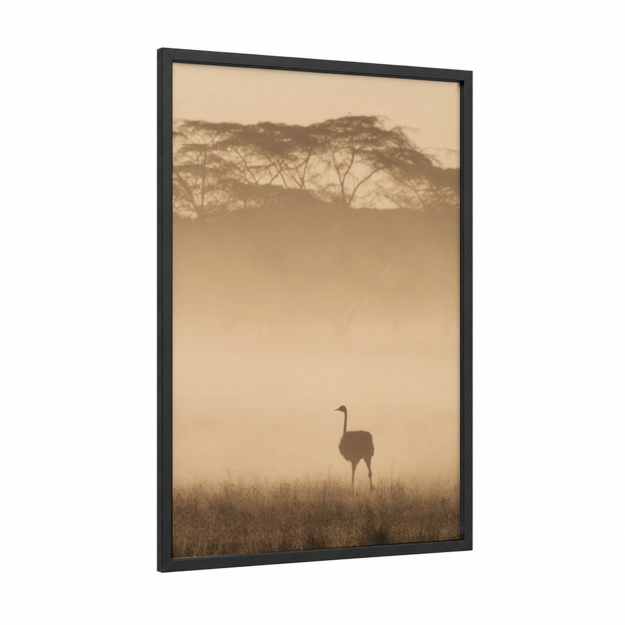 Misty Ostrich framed art print — black wood frame — champagne gold and beige palette