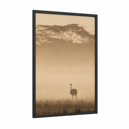 Misty Ostrich framed art print — black wood frame — champagne gold and beige palette