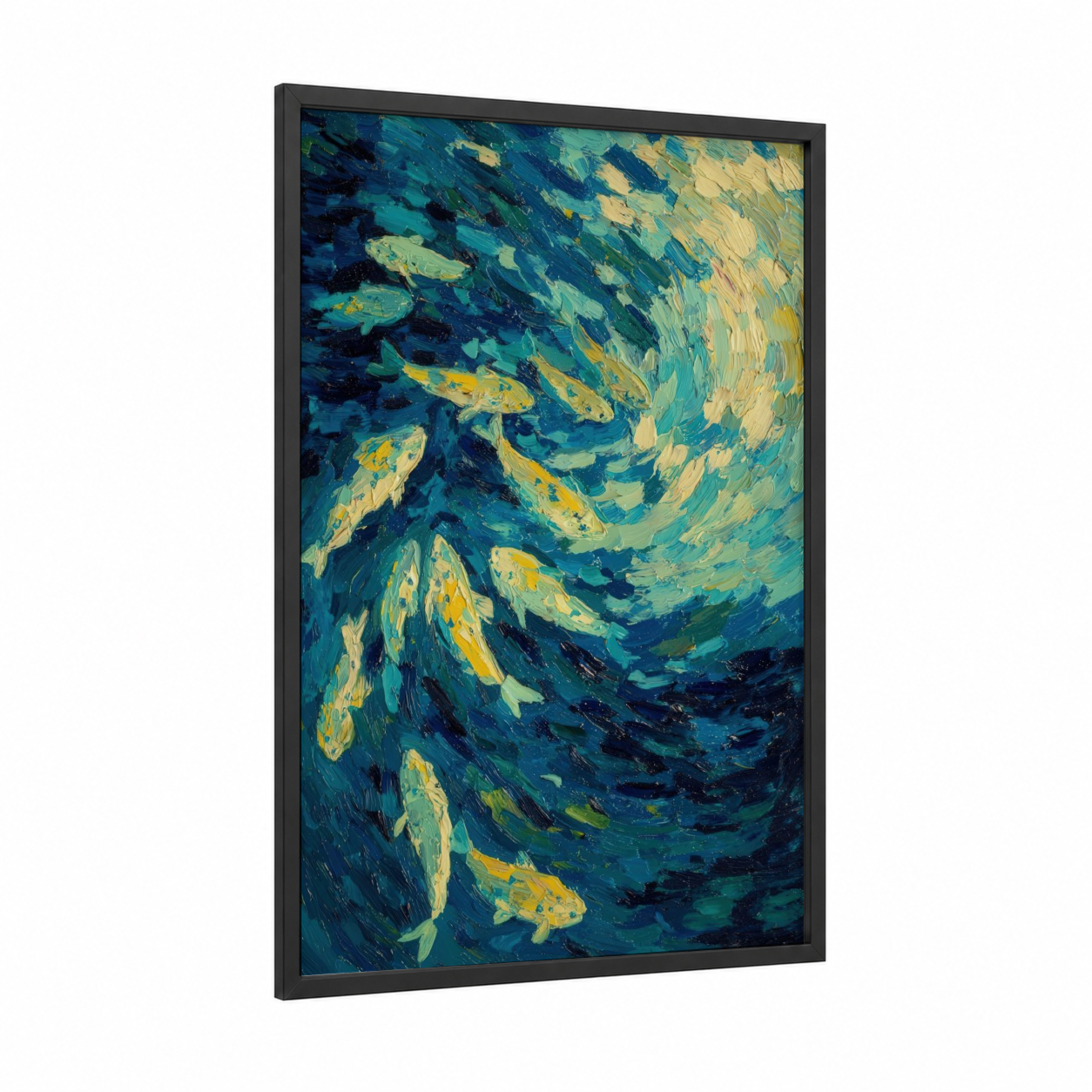 Golden Bass Swirl framed art print — black wood frame — teal and yellow gold palette