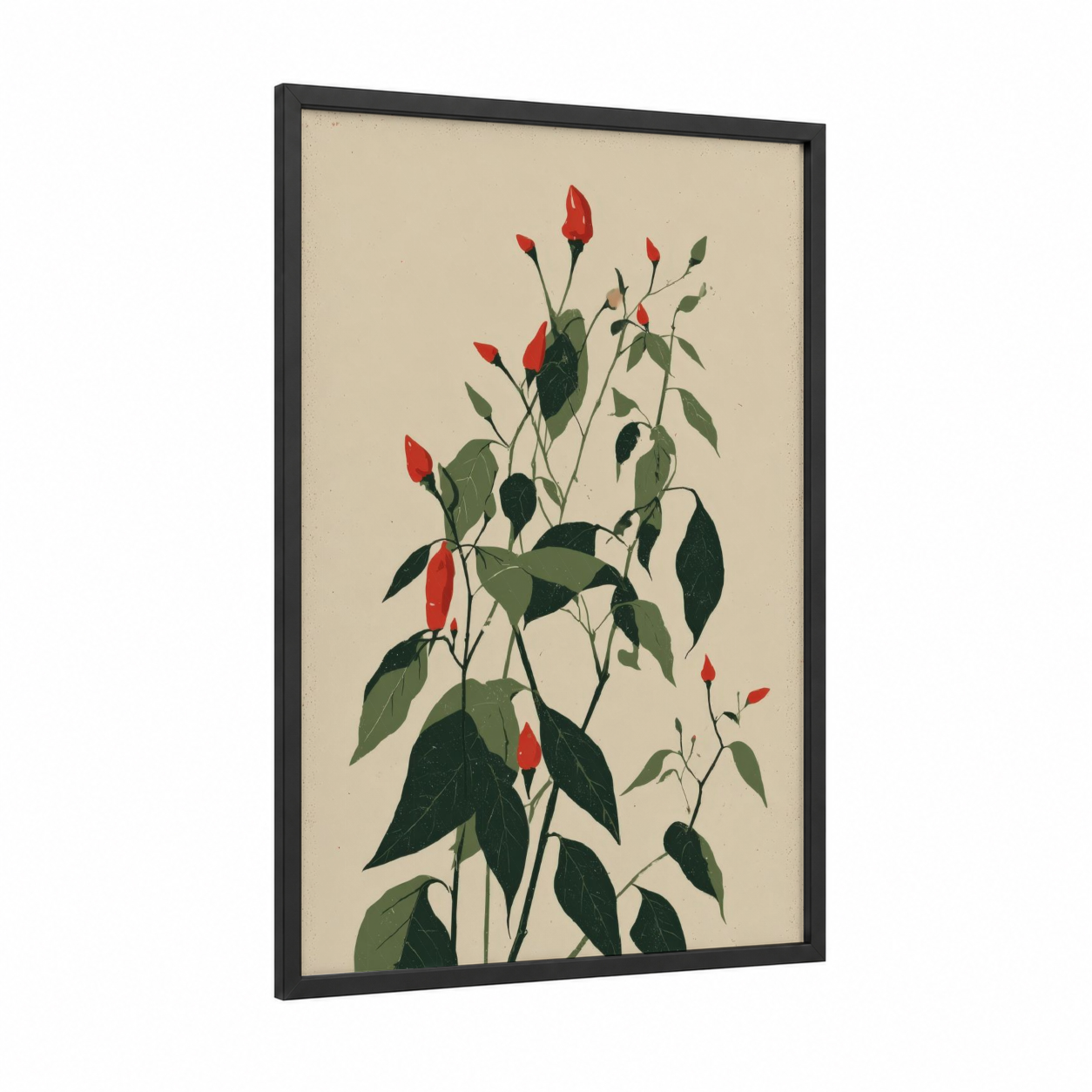 Red Pepper Plant framed herbs print — black wood frame — red and sage green palette