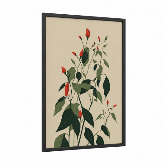 Red Pepper Plant framed herbs print — black wood frame — red and sage green palette