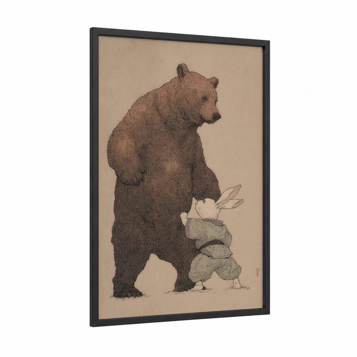 Gentle Giants Training framed judo print — black wood frame — beige and brown palette