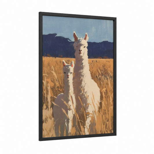Golden Field Alpacas framed art print — black wood frame — white and gold palette