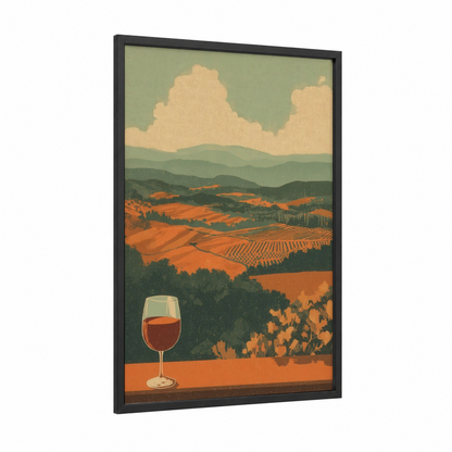 Tuscan Vineyard framed red wine print — black wood frame — orange and sage green palette