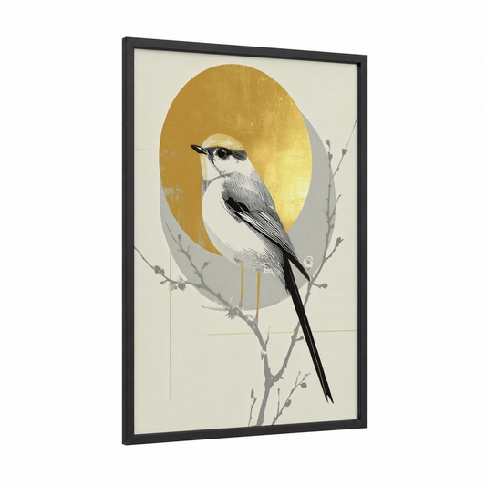Golden Songbird framed art print — black wood frame — gold and gray palette