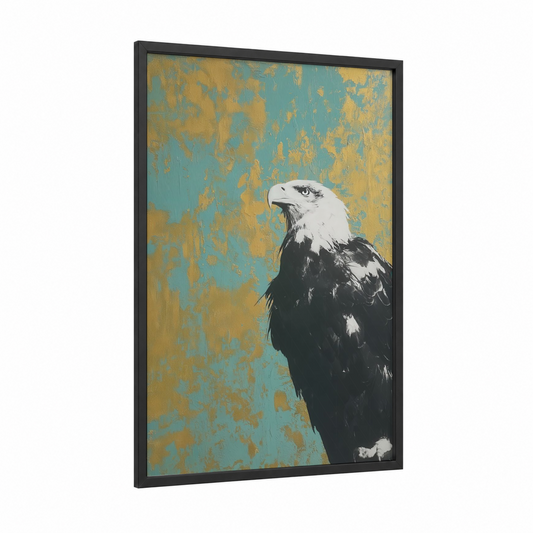 Majestic Eagle Portrait framed art print — black wood frame — teal and yellow gold palette