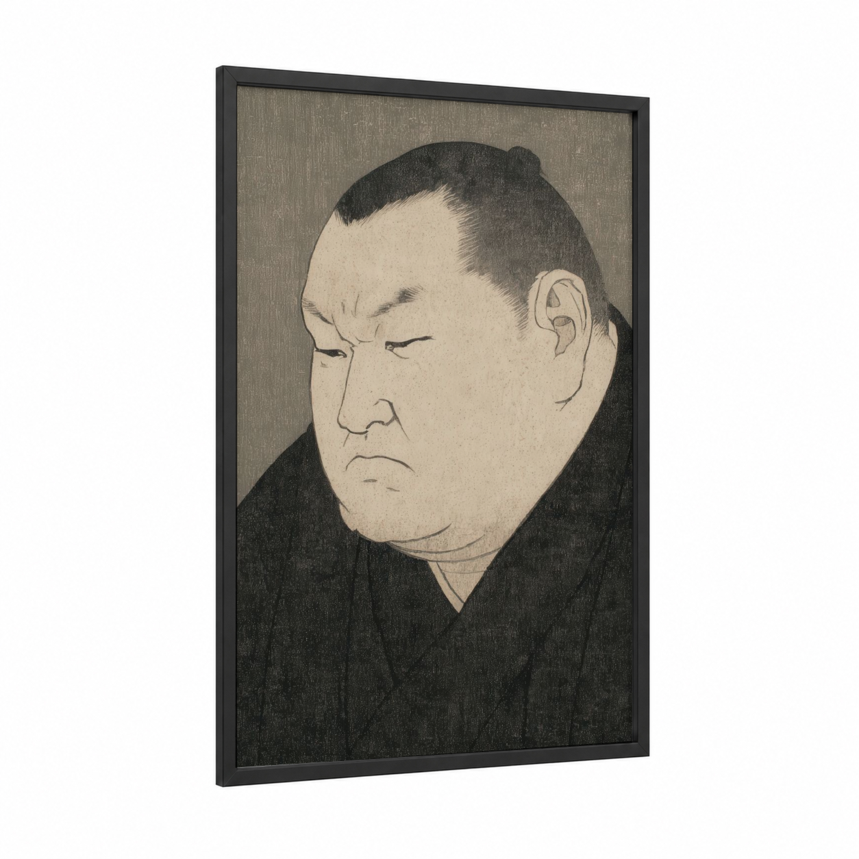 Contemplative Sumo framed art print — black wood frame — black and white palette