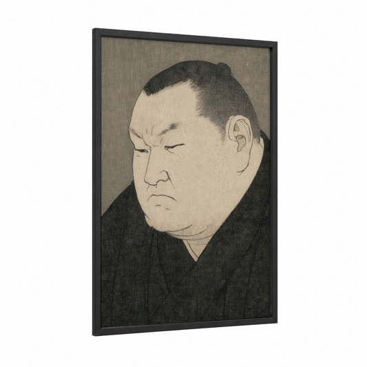 Contemplative Sumo framed art print — black wood frame — black and white palette