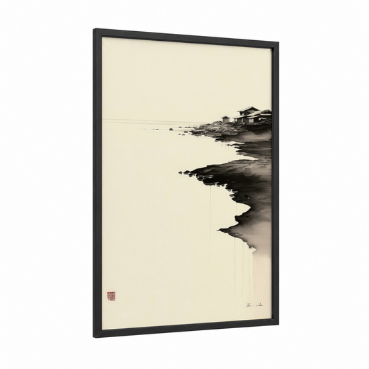 Coastal Minimalist framed abstract minimalist print — black wood frame — cream and black palette