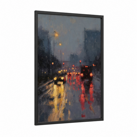 Rainy Evening Street framed road and highways print — black wood frame — gray and gold palette