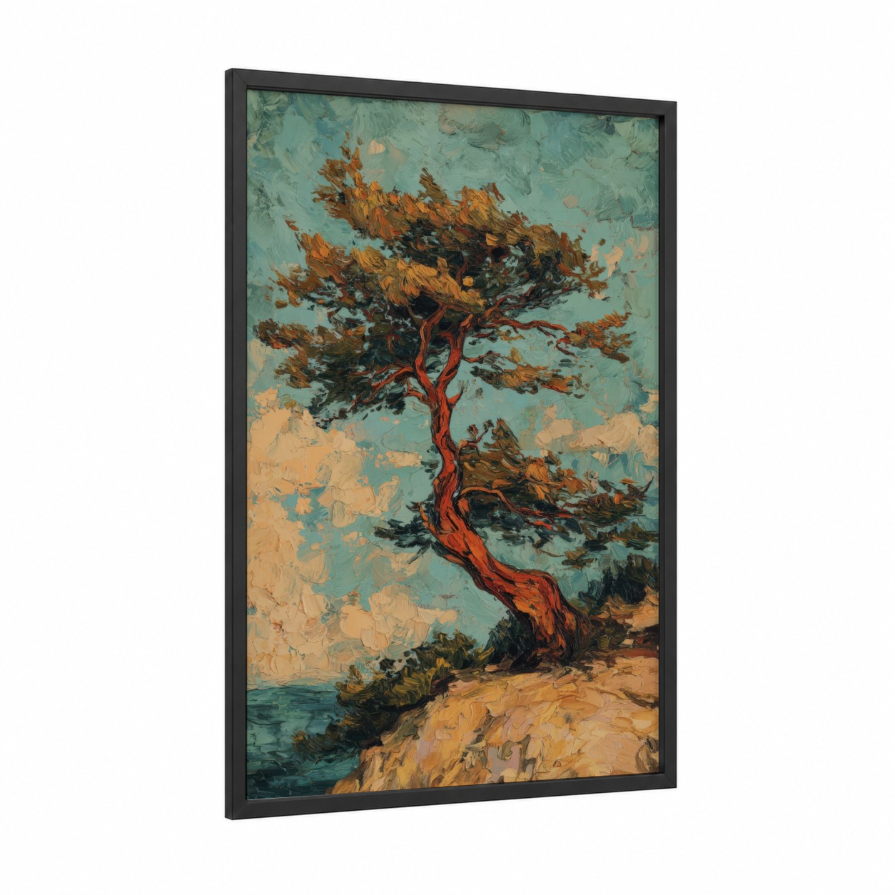 Windswept Cedar framed cedar tree print — black wood frame — turquoise and gold palette
