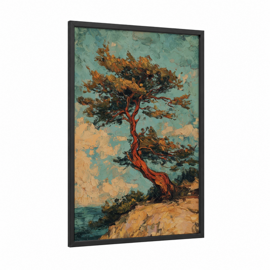 Windswept Cedar framed cedar tree print — black wood frame — turquoise and gold palette