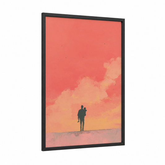 Father's Embrace framed father's day print — black wood frame — salmon pink and yellow gold palette