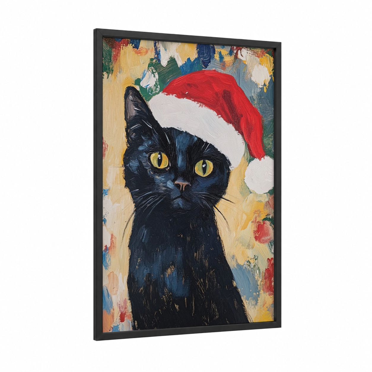 Santa Cat Portrait framed art print — black wood frame — red and gold palette
