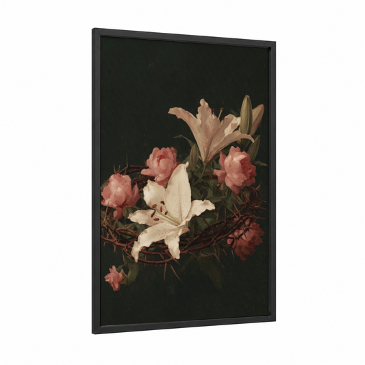 Easter Lily Bouquet framed art print — black wood frame — rose gold and black palette