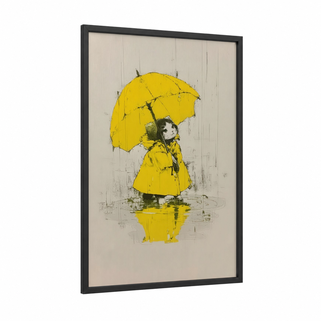 Rainy Day Cat framed art print — black wood frame — yellow gold and gray palette