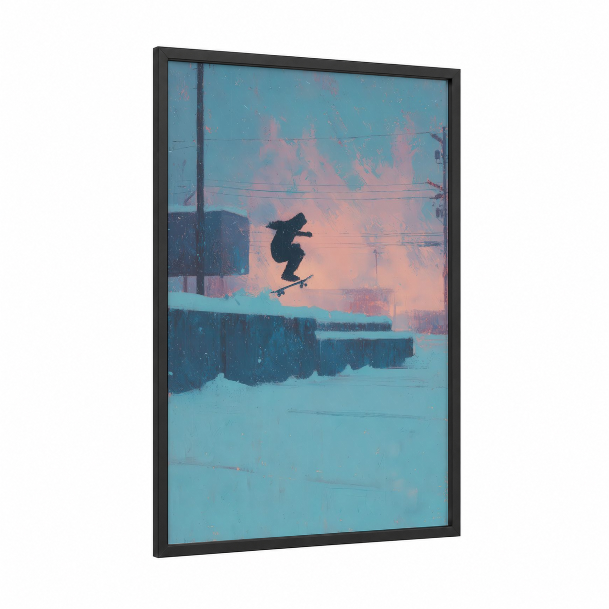 Urban Skateboarder framed skateboarding print — black wood frame — blue and pink palette