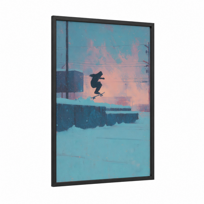 Urban Skateboarder framed skateboarding print — black wood frame — blue and pink palette