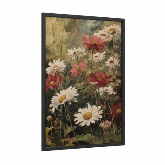 Wildflower Meadow framed daisy print — black wood frame — cream and russet palette