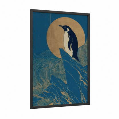 Moonlit Penguin framed art print — black wood frame — dark blue and gold palette