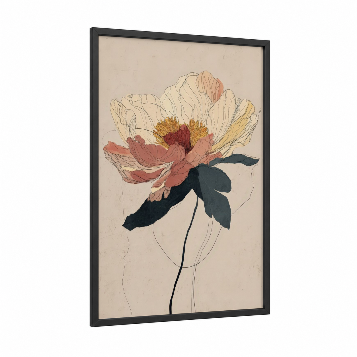 Crimson Peony Bloom framed art print — black wood frame — cream and rose gold palette