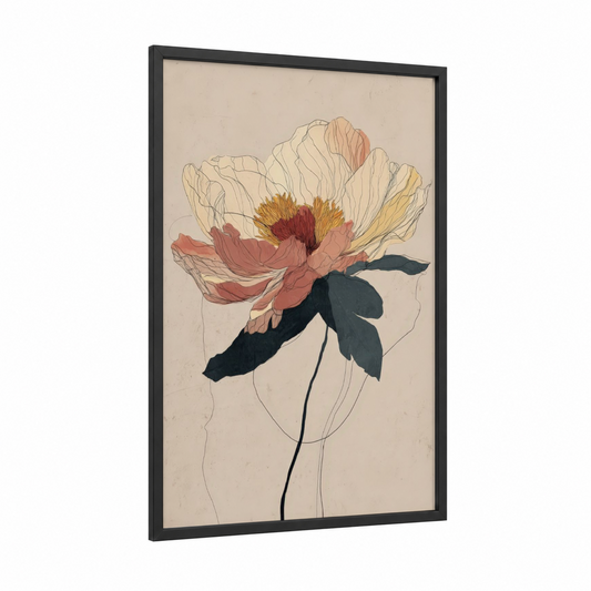 Crimson Peony Bloom framed art print — black wood frame — cream and rose gold palette