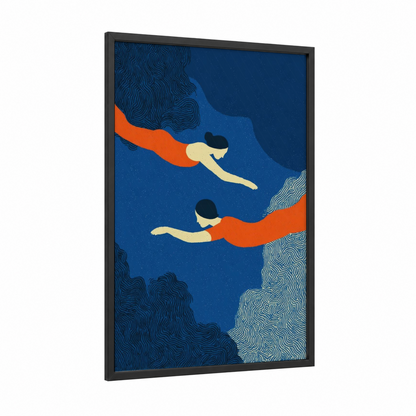 Synchronized Swimmers framed swimming print — black wood frame — royal blue and orange palette