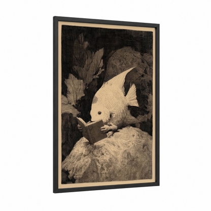 Scholarly Angelfish framed angel fish print — black wood frame — black and white and cream palette