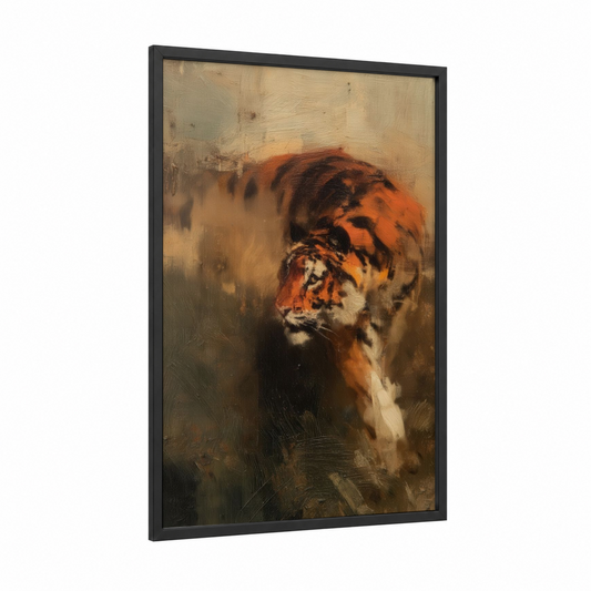 Contemplative Tiger framed art print — black wood frame — gold and russet palette