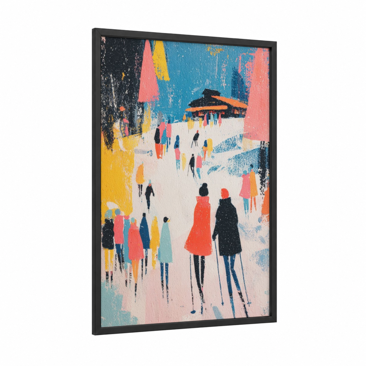 Snowy Slope Gathering framed skiing print — black wood frame — blue and pink palette
