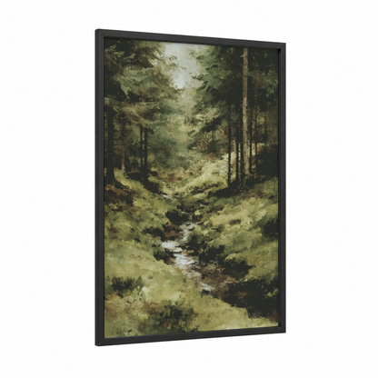 Sunlit Pine Forest framed art print — black wood frame — green and gold palette
