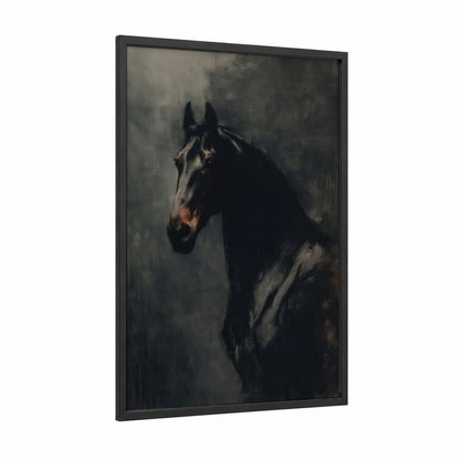 Misty Thoroughbred framed thoroughbred horse print — black wood frame — black and gray palette