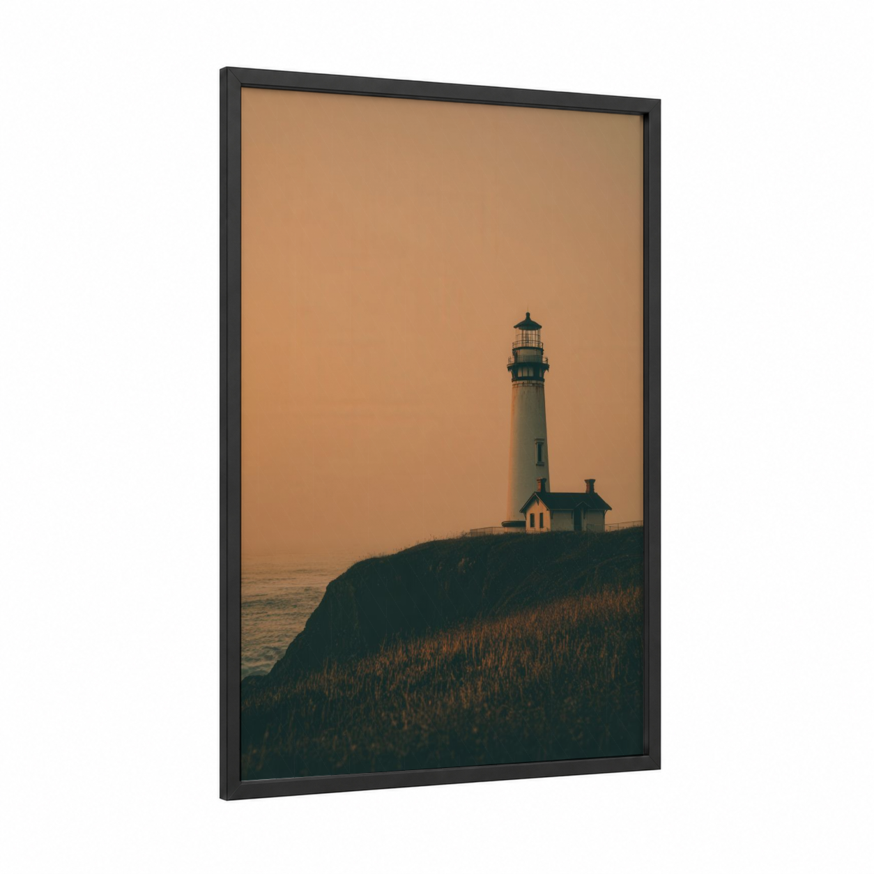 Coastal Lighthouse Sunset framed art print — black wood frame — gold and russet palette