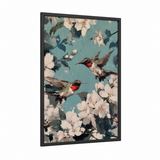 Ruby Hummingbirds framed art print — black wood frame — teal and white palette
