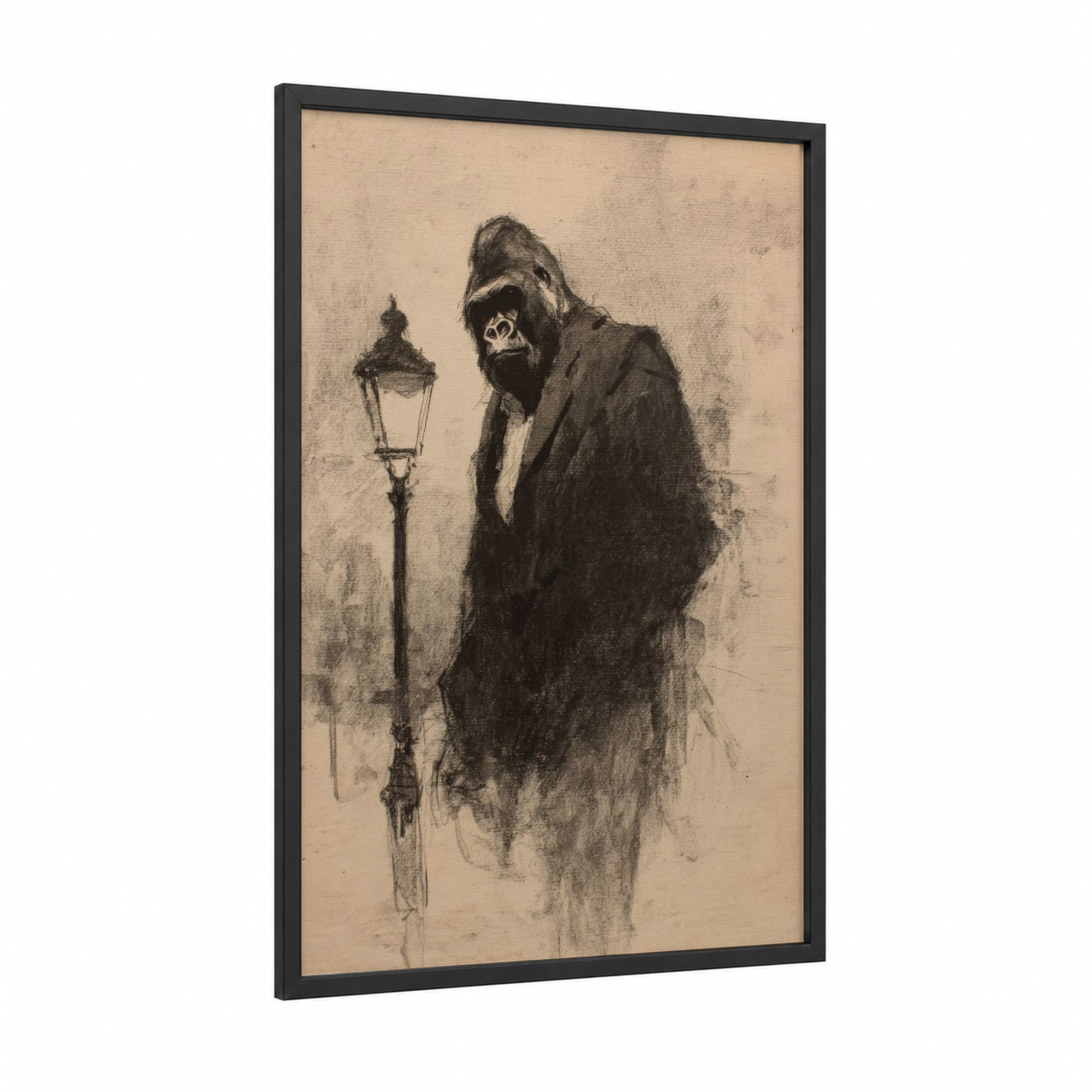 Gentleman Monkey framed art print — black wood frame — black and white and nobel palette