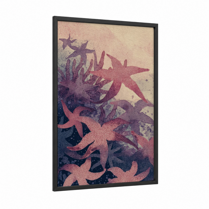 Coral Starfish Cluster framed art print — black wood frame — salmon pink and maroon palette
